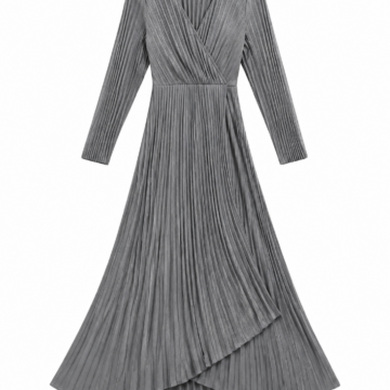 Grey Long Sleeve Pleated Midi Dress with Faux Wrap V-Neck and Tulip Hem
