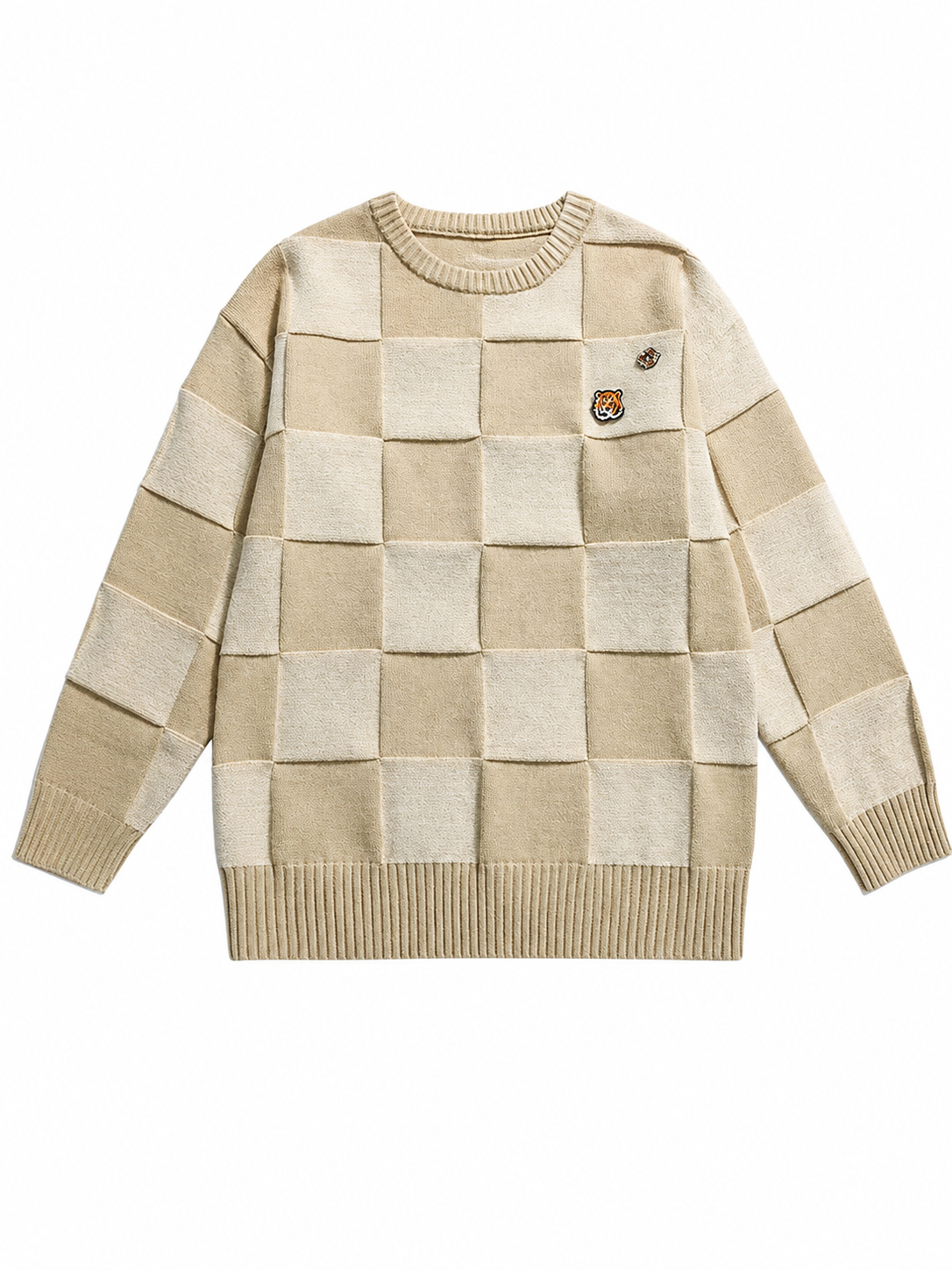 Oversized Checkerboard Knit Sweater with Tiger Patch