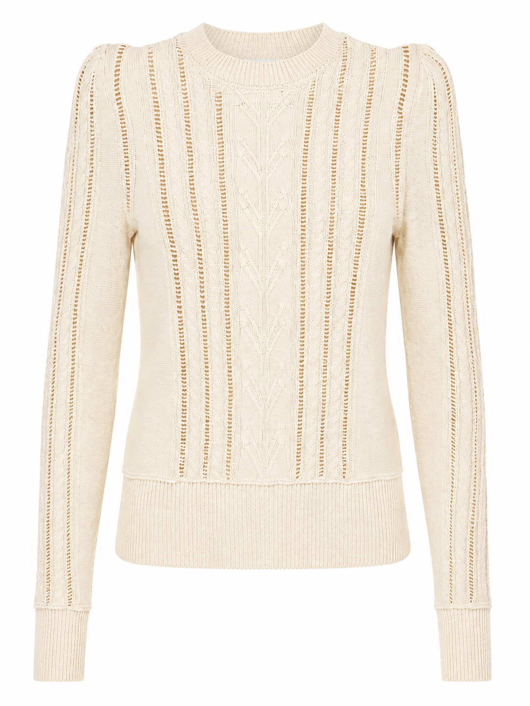 Cream Fitted Pointelle Knit Sweater with Puff Shoulders