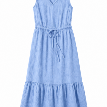 Light Blue Crinkled Sleeveless V-Neck Tiered Midi Dress
