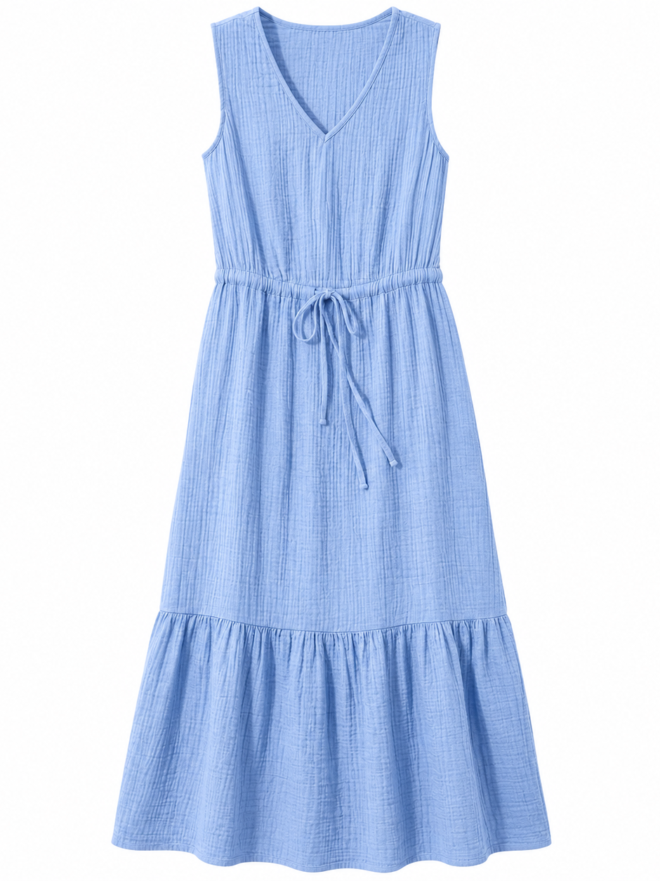 Light Blue Crinkled Sleeveless V-Neck Tiered Midi Dress