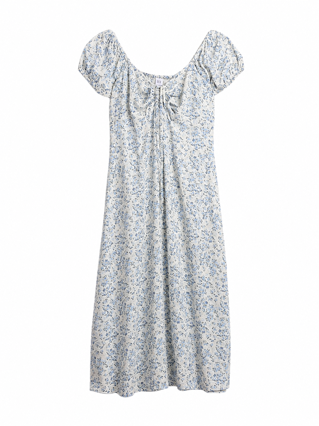 Blue Ditsy Floral Print Midi Dress with Puff Sleeves and Square Neck
