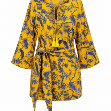 Yellow Botanical Print Tunic Dress with Bell Sleeves and Tie Belt