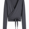 Dark Grey Long-Sleeve Wrap Top with Deep V-Neck and Side Tie