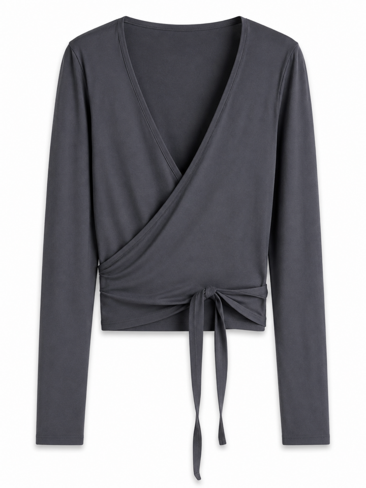 Dark Grey Long-Sleeve Wrap Top with Deep V-Neck and Side Tie