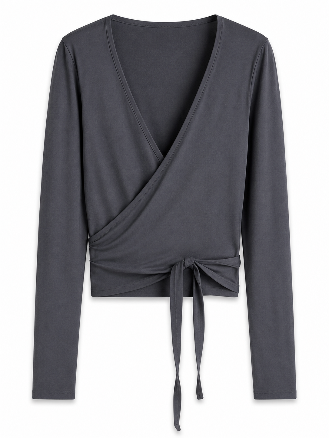 Dark Grey Long-Sleeve Wrap Top with Deep V-Neck and Side Tie