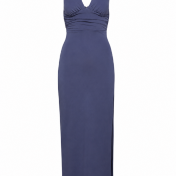 Navy Blue Sleeveless V-Neck Maxi Dress with Ruched Waist and Side Slit