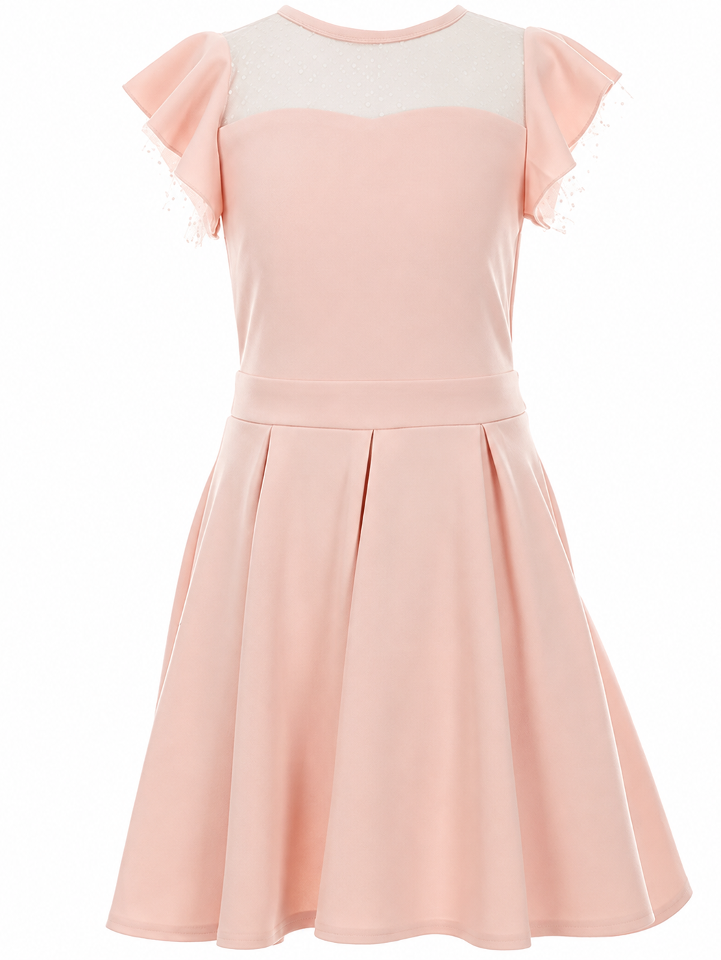 Light Pink Fit-and-Flare Dress with Pearl Flutter Sleeves