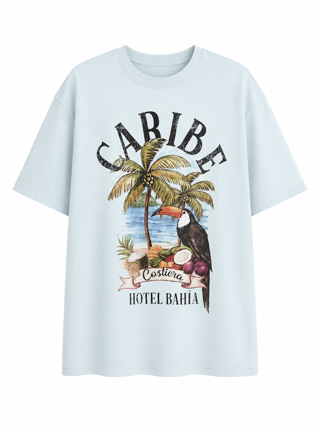 Light Blue Oversized Tropical Graphic T-Shirt