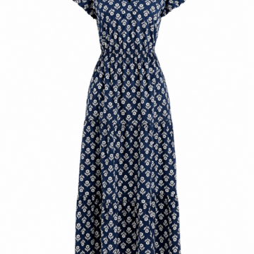Navy Blue Floral Print Maxi Dress with Flutter Sleeves and High Neck