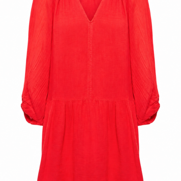 Red Ribbed Knit A-Line Mini Dress with V-Neck and Long Sleeves
