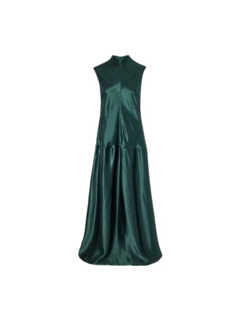 Dark Forest Green Sleeveless Mock Neck Satin A-Line Maxi Dress