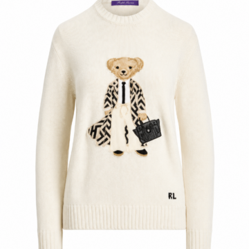 Cream Relaxed Fit Crewneck Knit Sweater with Bear Embroidery