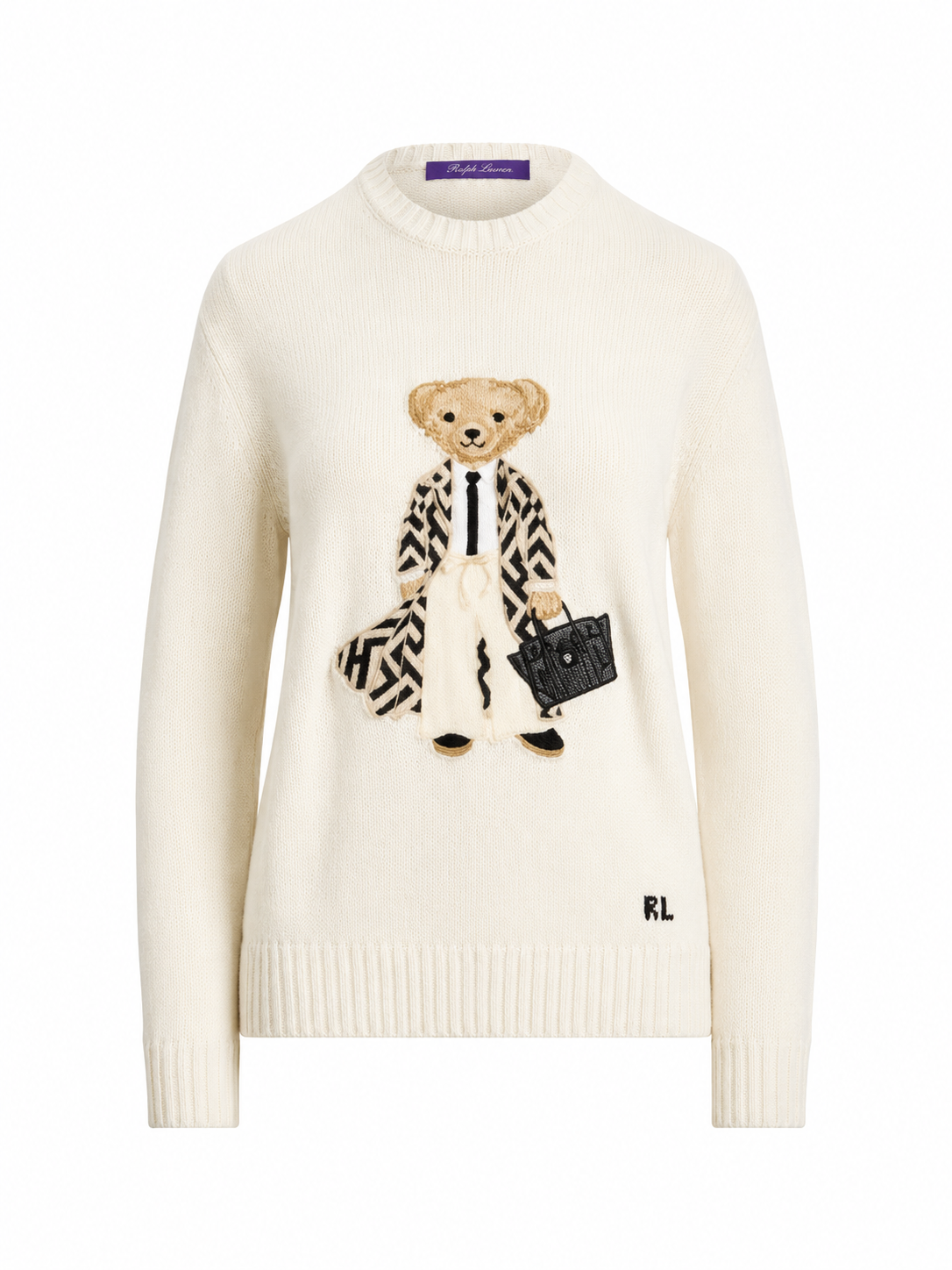Cream Relaxed Fit Crewneck Knit Sweater with Bear Embroidery