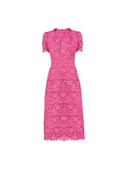 Bright Pink Floral Lace Short Sleeve Sheath Midi Dress