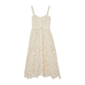 Cream Sleeveless Lace A-Line Midi Dress with Self-Tie Belt